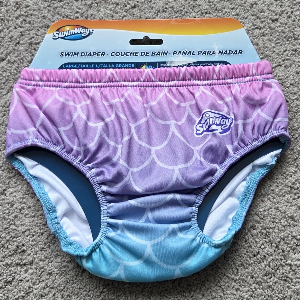 NEW SwimWays Mermaid Print Reusable Swim Diaper, Size Large 24M, 22-30 lbs